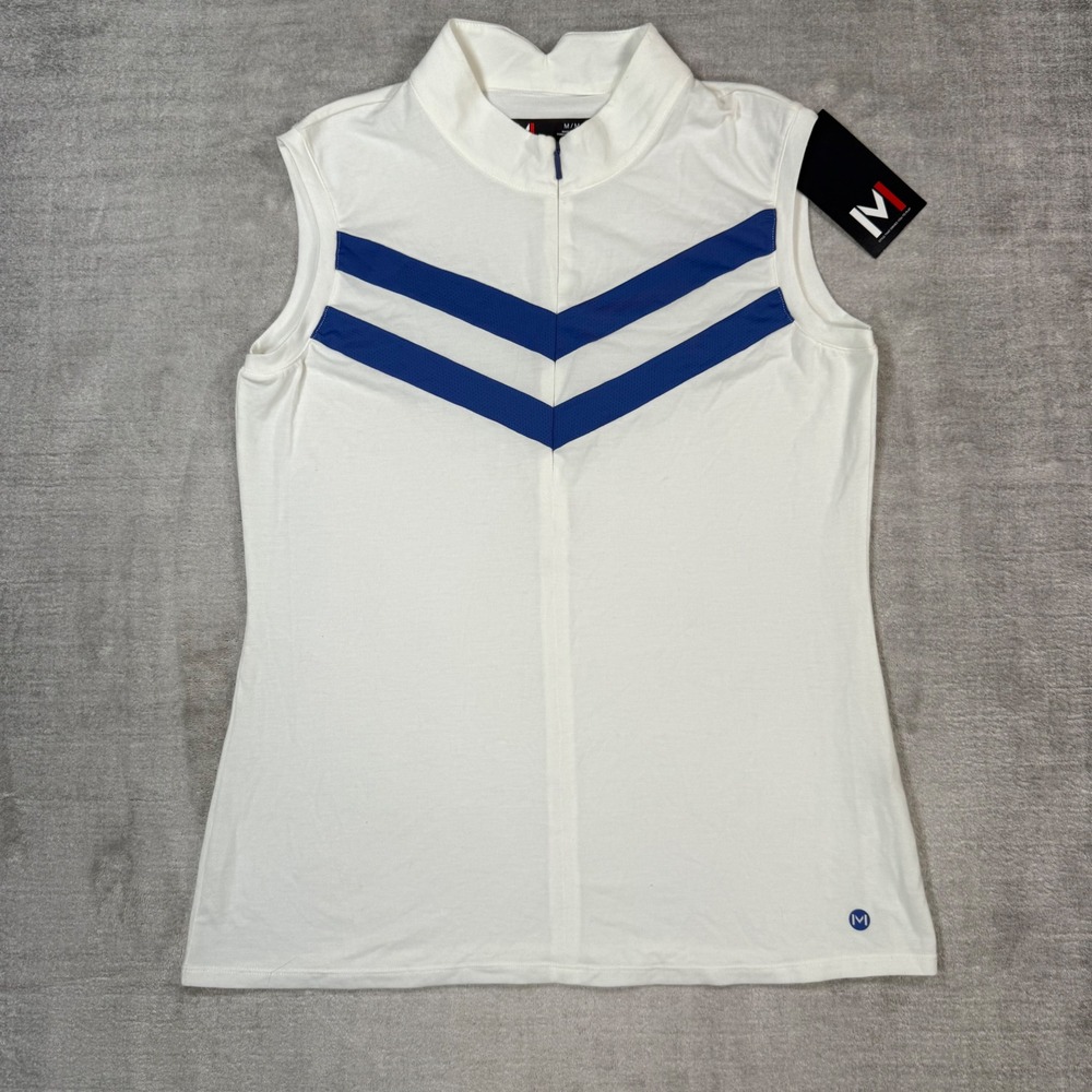 Movetes Simone Shirt Womens Medium White 1/4 Zip Golf Sleeveless Chevron Strip